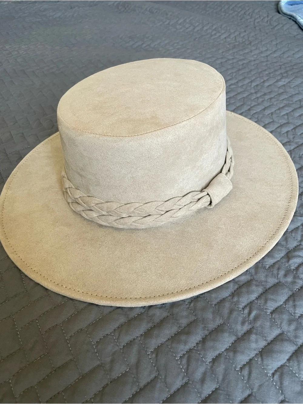 Anthropologie Beige Suede Braided-Band Wide Brim Hat